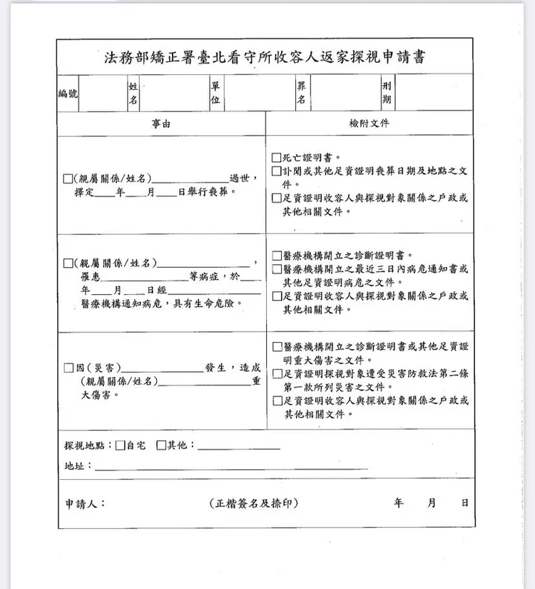 林智群上傳一份北所收容人返家探視申請書。翻攝臉書