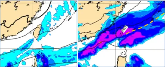 左圖：最新(8日20時)歐洲模式(ECMWF)，今(9)日8時地面氣壓及降水模擬圖顯示，西半部轉晴朗穩定，東半部偶有局部少量降雨的機率。

右圖：最新(8日20時)歐洲模式(ECMWF)，週四(13日)8時地面氣壓及降水模擬圖顯示，鋒面挾南方水氣通過，伴隨大範圍明顯降雨。氣象應用推廣基金會