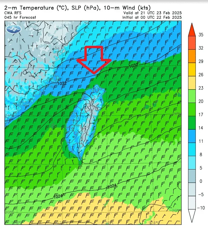 過去每當1032等壓線逼近台灣，通常代表會有寒流或至少接近寒流的低溫，但今年已失效。翻攝自鄭明典臉書
