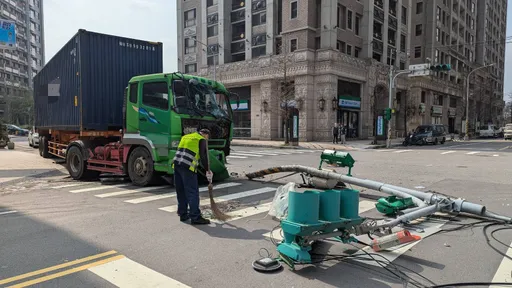 貨櫃車爆胎失控 撞斷路口號誌桿