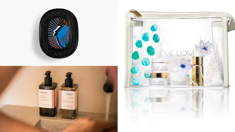 Diptyque爵夢香膏（左上）3g／2200元；EVE LOM莊園淨透逆時組（右圖）1580元；Miller Harris玫瑰晨語系列（左下）潔膚露300ml／1300元、潤膚乳300ml／1500元。品牌提供