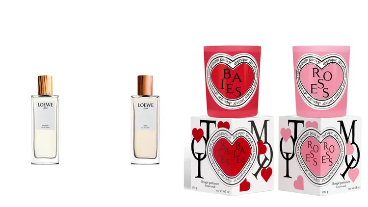 LOEWE 001女士淡香水＆001男士淡香水（左）各50ml／4015元、100ml／5475元；Diptyque 2025情人節限量香氛蠟燭漿果香&玫瑰（右）190g*2／4570元。品牌提供