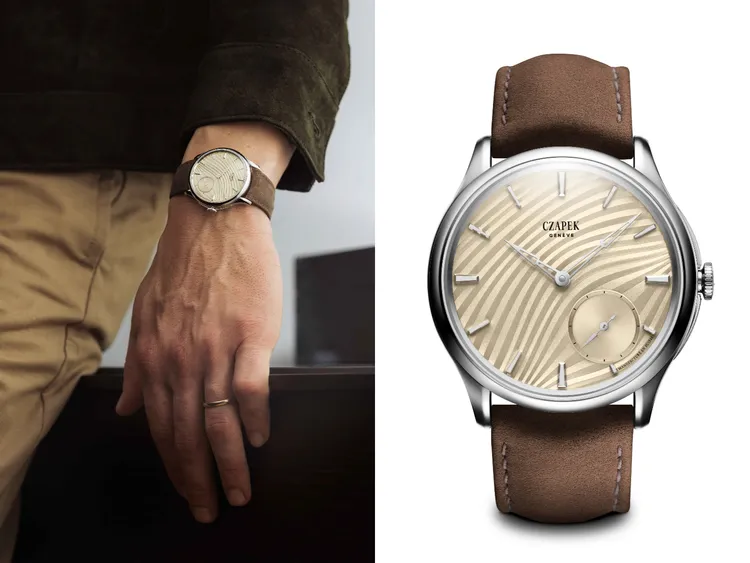 Czapek & Cie Promenade Plissé腕錶，38mm精鋼錶殼，沖壓黃銅錶盤，麂皮錶帶或可選米蘭式網狀精鋼錶鍊，SXH5微型擺陀機芯，動力儲存60小時，防水深度50米，各限量18只，67萬元。品牌提供