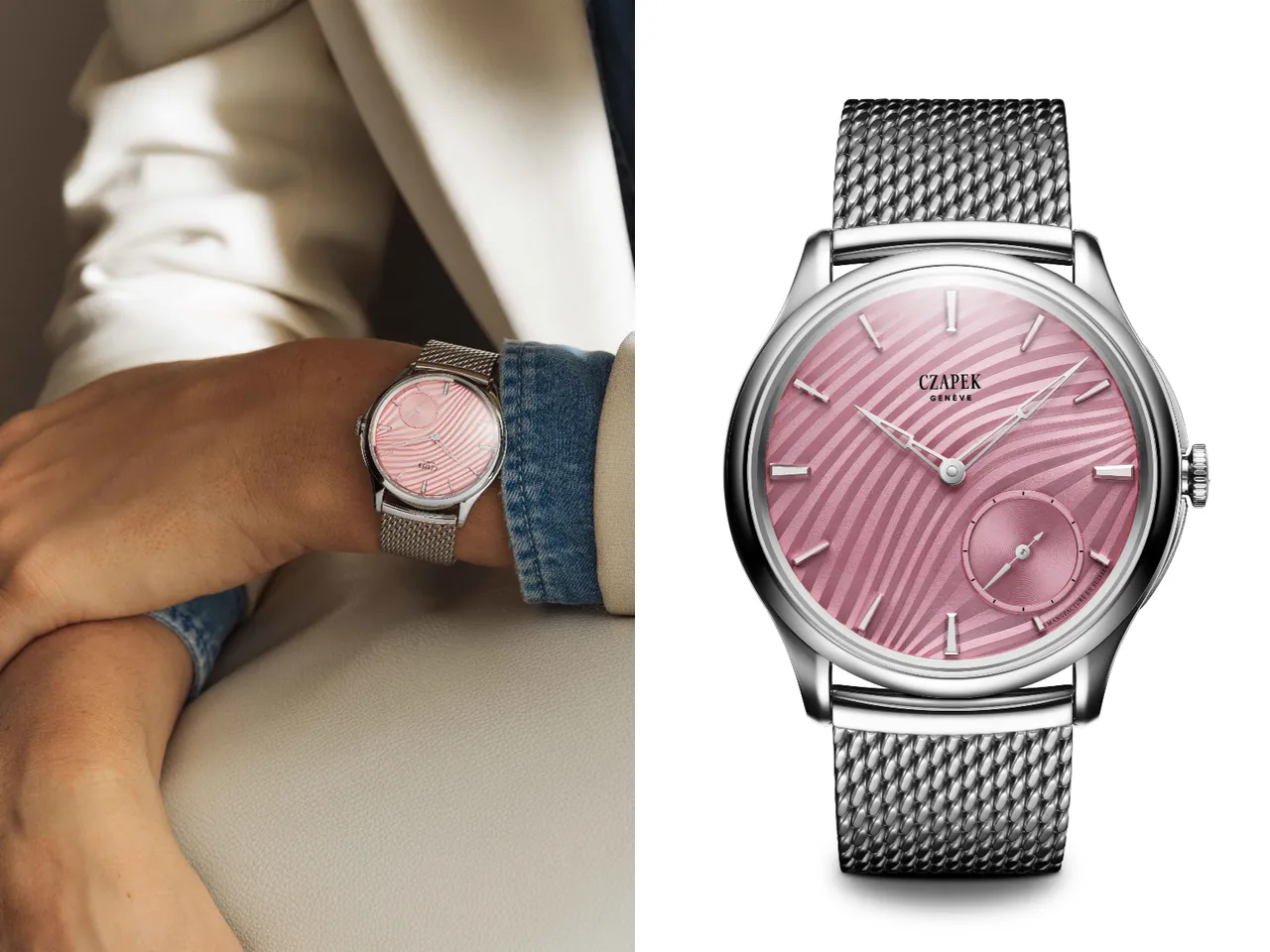 Czapek & Cie Promenade Plissé腕錶,38mm精鋼錶殼,沖壓黃銅錶盤,麂皮錶帶或可選米蘭式網狀精鋼錶鍊,SXH5微型擺陀機芯,動力儲存60小時,防水深度50米,各限量18只,67萬元。品牌提供