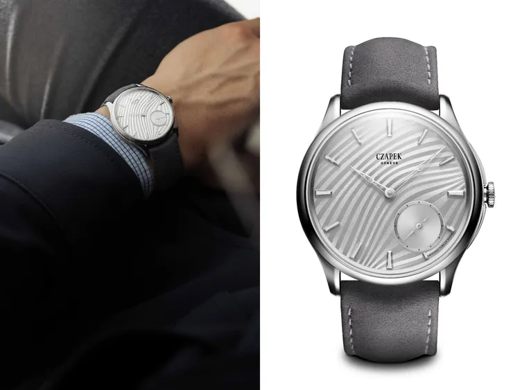 Czapek & Cie Promenade Plissé腕錶，38mm精鋼錶殼，沖壓黃銅錶盤，麂皮錶帶或可選米蘭式網狀精鋼錶鍊，SXH5微型擺陀機芯，動力儲存60小時，防水深度50米，各限量18只，67萬元。品牌提供