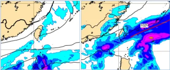 左圖：最新(7日20時)歐洲模式(ECMWF)，明(9)日8時地面氣壓及降水模擬圖顯示，各地轉晴朗穩定，東半部偶有局部少量降雨的機率。
右圖：最新(7日20時)歐洲模式(ECMWF)，下週四(13日)8時地面氣壓及降水模擬圖顯示，鋒面通過，轉雨、降溫。
氣象應用推廣基金會