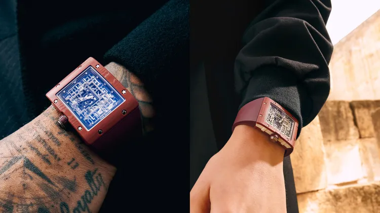 RICHARD MILLE RM 16-02超薄自動上鍊腕錶，36 x 45.65mm，赤陶色（Terracotta）Quartz TPT石英纖維錶殼，自製CRMA9自動上鍊機芯，動力儲存50小時，防水深度30米。品牌提供