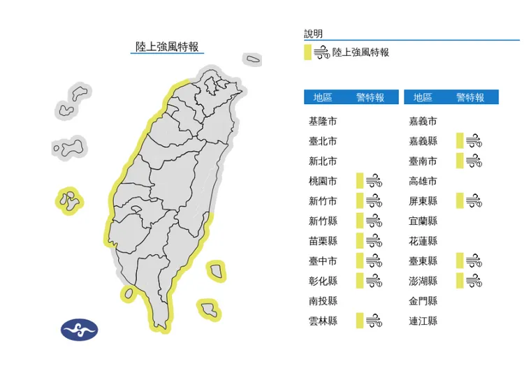 陸上強風特報。氣象署提供