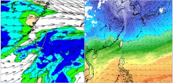左圖：最新(4日20時)歐洲模式(ECMWF)，今(5)日20時700百帕水氣及風場模擬圖顯示，中層水氣增多。

右圖：最新(4日20時)歐洲模式(ECMWF)，週六(8日)20時850百帕氣溫及風場模擬圖顯示，零度(紅)線觸及北部陸地，冷空氣較前波略強。(右圖擷自tropical tidbits)氣象應用推廣基金會