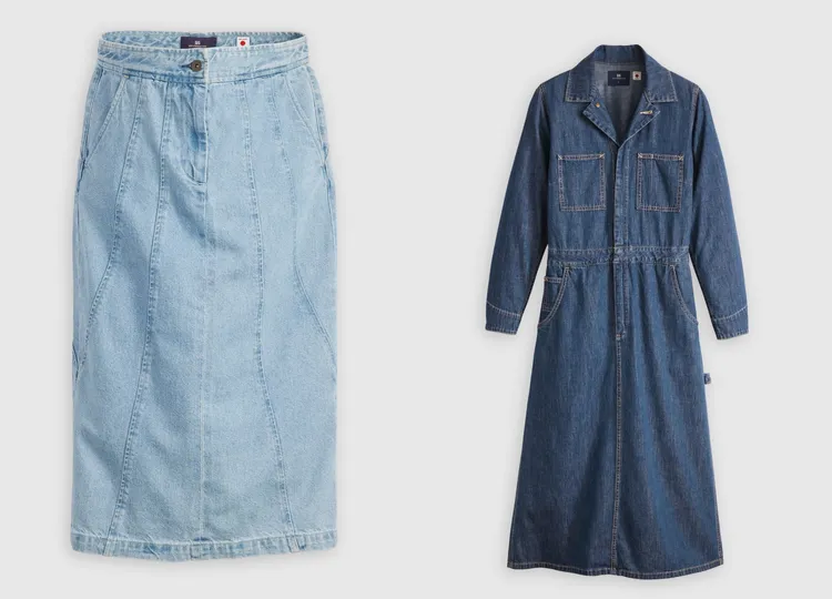 Levi’s Blue Tab拼接中長裙（左）5690元、經典藍工裝連身裙（右）5990元。品牌提供