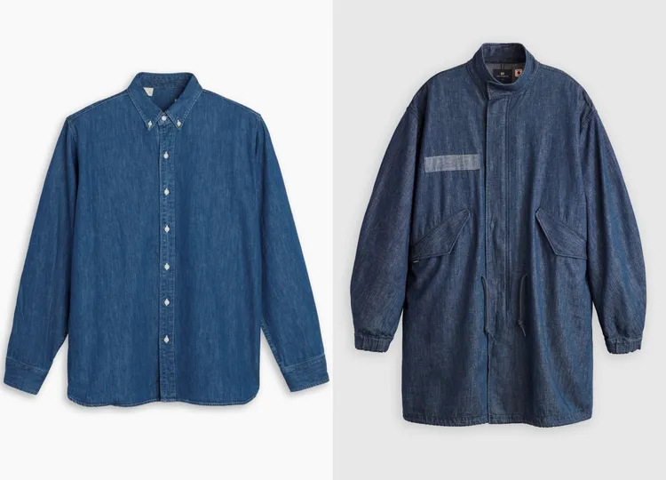 Levi’s Blue Tab經典藍平織工裝襯衫（左）5990元、Blue Tab經典魚尾外套（右）1萬2900元。品牌提供