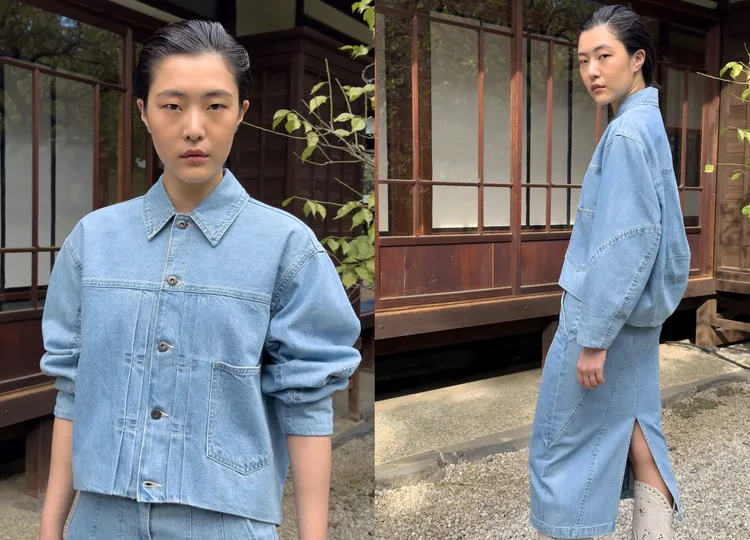 女裝系列的淺色丹寧成套裝束重塑Type I 夾克外套與拼接中長裙。品牌提供