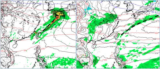 左圖：最新(19日20時)歐洲模式(ECMWF)，模擬28日8時地面氣壓及降水圖顯示，鋒面尾端快速掠過，鋒後冷空氣弱，尾端的降雨有調弱的趨勢。

右圖：最新(19日20時)美國模式(GFS)，模擬28日8時地面氣壓及降水圖顯示，鋒面尾端快速掠過，冷空氣不明顯，降雨亦有調弱的趨勢。(圖擷自tropical tidbits)氣象應用推廣基金會