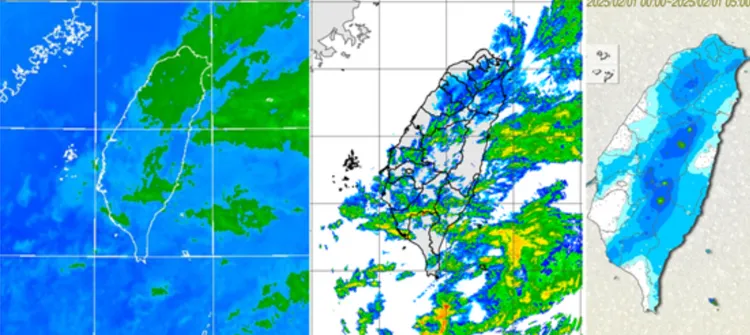 今(1日)晨5時紅外線色調強化雲圖顯示，台灣上空雲層多(左圖)。5時雷達回波合成圖顯示，伴隨鬆散降水回波(中圖)。5時今日累積雨量圖顯示，山區及部分平地已有明顯降雨(右圖)。