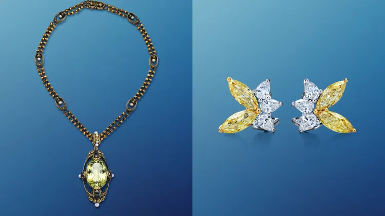 Tiffany古典珍藏庫K金鑲嵌碧璽、珍珠及縞瑪瑙項鍊（左圖），以及18K黃金與鉑金鑲嵌彩黃鑽與鑽石耳環（右圖）。品牌提供