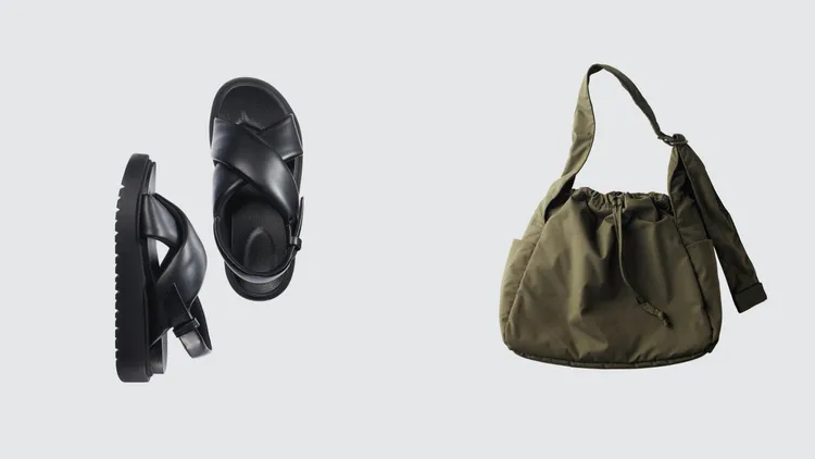 交叉帶涼鞋（左）1290元、澎軟肩背包（右）790元。品牌提供