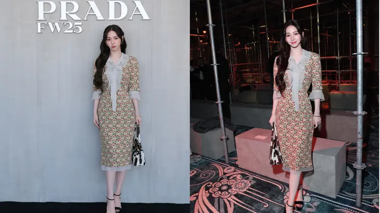 Karina換上一席碎花洋裝搭配繞踝高跟鞋，造型相當甜美。品牌提供