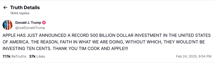 美國總統川普也在自家平台感謝蘋果的投資。翻攝Truth Social