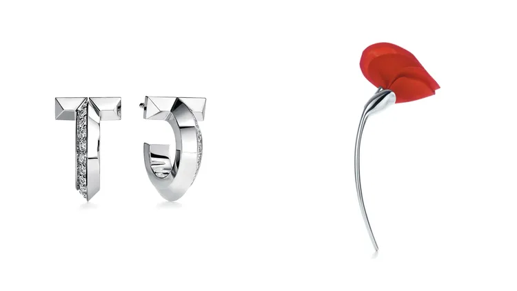 婁峻碩在婚禮所戴的Tiffany T1 18K白金鑲鑽耳環（左圖），以及Elsa Peretti純銀裝飾絲綢罌粟花造型胸針。品牌提供