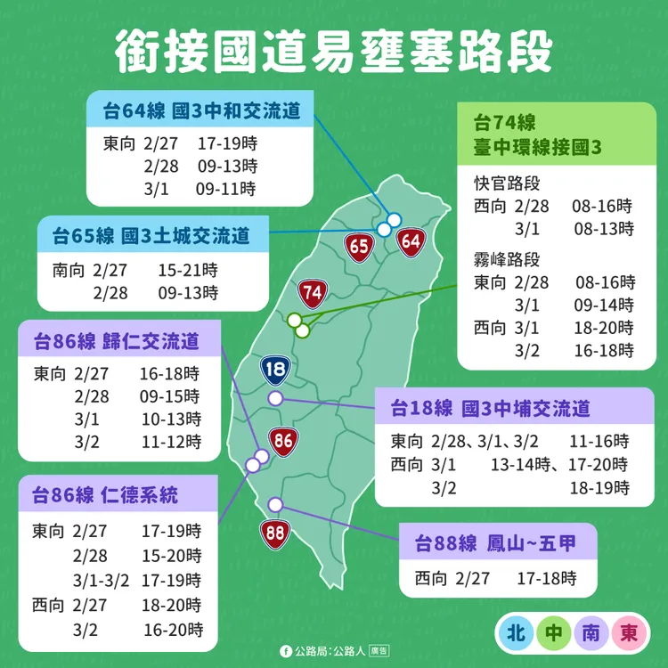 228連假銜接國道易壅塞路段。公路局提供