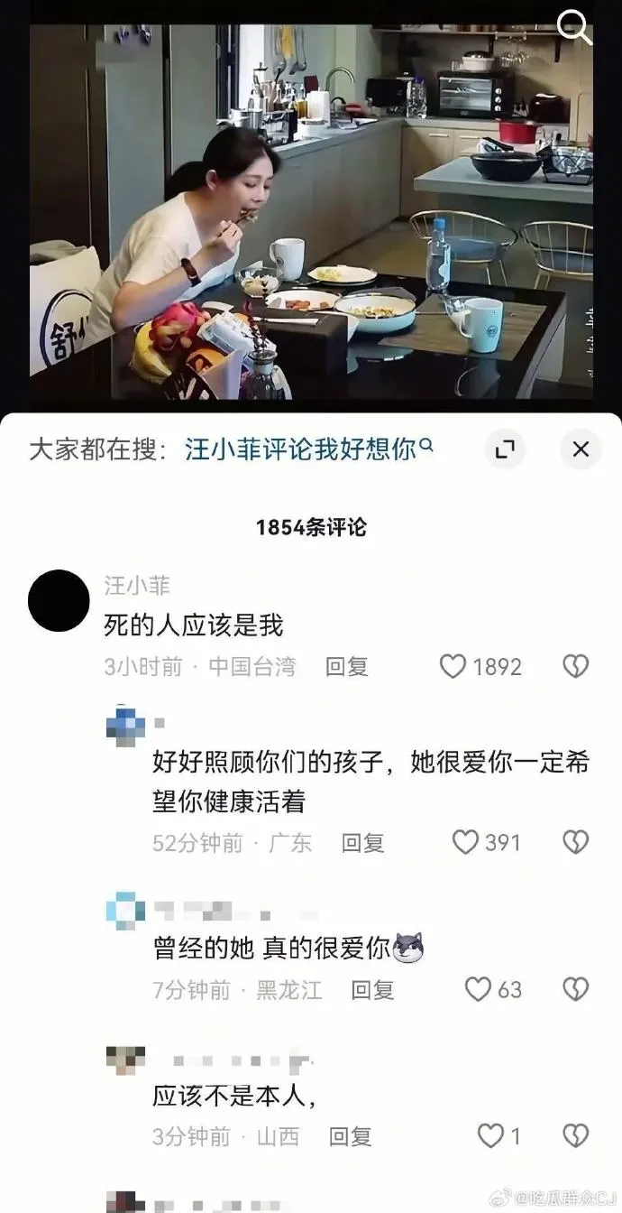 汪小菲在抖音重溫大S的影片，留言抒發思念。翻攝吃瓜群眾CJ微博