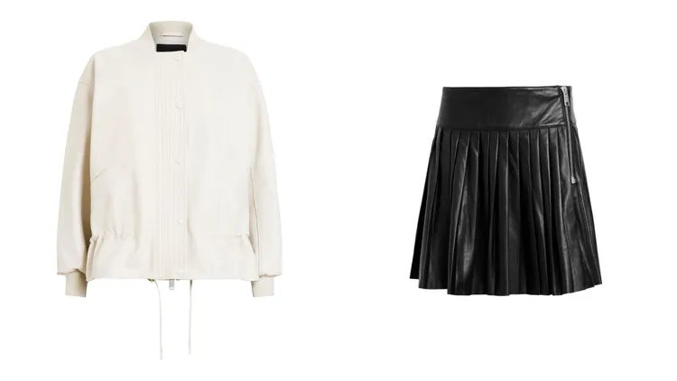ALLSAINTS SOFI羊皮飛行員外套（左）2萬600元、VENA皮革百褶短裙（右）1萬5400元。品牌提供