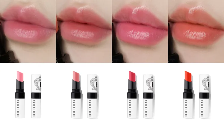 BOBBI BROWN晶鑽極嫩潤色護唇膏（左起）#櫻花粉、#豆沙粉、#亮玫粉、#橘紅。品牌提供
