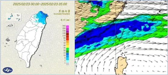 今(23日)晨5時累積雨量圖顯示，新竹以北已有降雨，大台北較明顯。右圖：最新(22日20時)歐洲模式(ECMWF)，模擬26日8時500百帕相對濕度及風場圖顯示，有中層水氣通過，雲量稍增。氣象應用推廣基金會