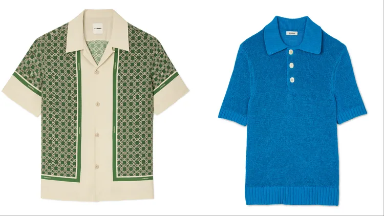 SANDRO HOMME綠色短袖襯衫（左）9490元 、SANDRO HOMME藍色翻領針織上衣（右）1萬790元。品牌提供