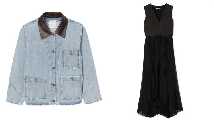 SANDRO淺藍色滾邊領牛仔外套（左）1萬8690元、SANDRO黑色背心百褶洋裝（右）1萬690元。品牌提供