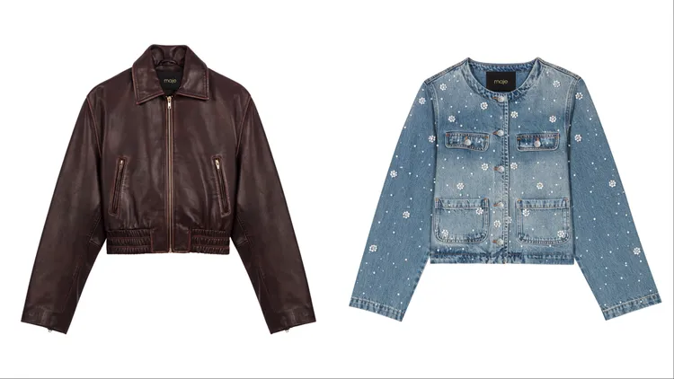 Maje復古皮夾克（左）2萬1790元、Maje刺繡牛仔外套（右）1萬4690元。品牌提供