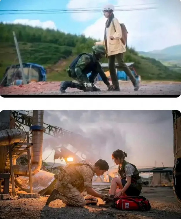 網友把《白色橄欖樹》（上圖）與《太陽的後裔》（下圖）畫面對比。劇照