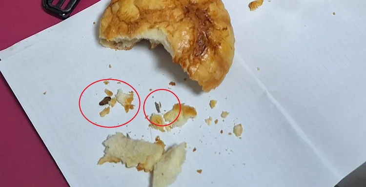 民眾表示，回家後一口咬下麵包，竟發現內部掉出蟲子屍體等不明物。民眾提供