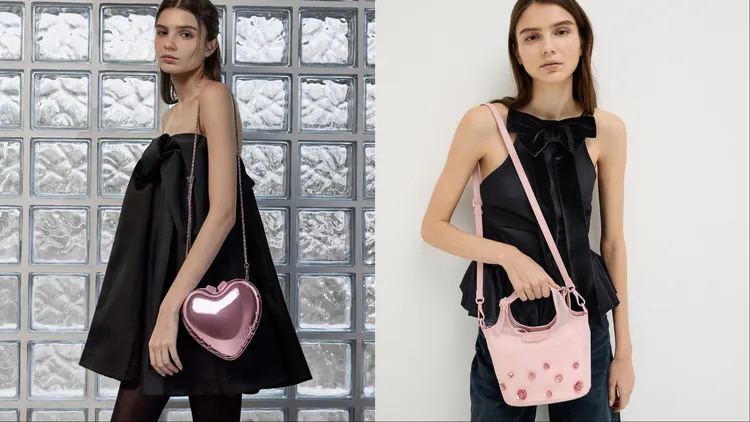 愛心、花朵元素成為小CK設計主題，愛心硬殼包（左）3290元、小花網紗手提包（右）2390元。品牌提供