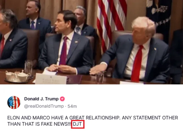 美國總統川普親自在社群平台澄清，馬斯克跟盧比歐關係很好。還附上自己全名的大寫縮寫（紅框）。翻攝Truth Social@DonaldTrump