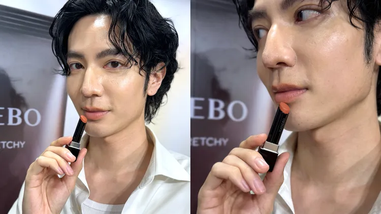 Model示範KANEBO星燦嫣紅悸動唇膏。品牌提供