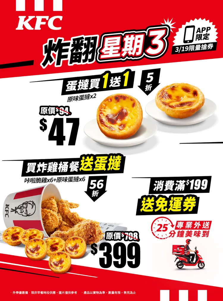 肯德基今（19日）推出PK APP會員一日限定活動，共有三種優惠可搶。肯德基提供