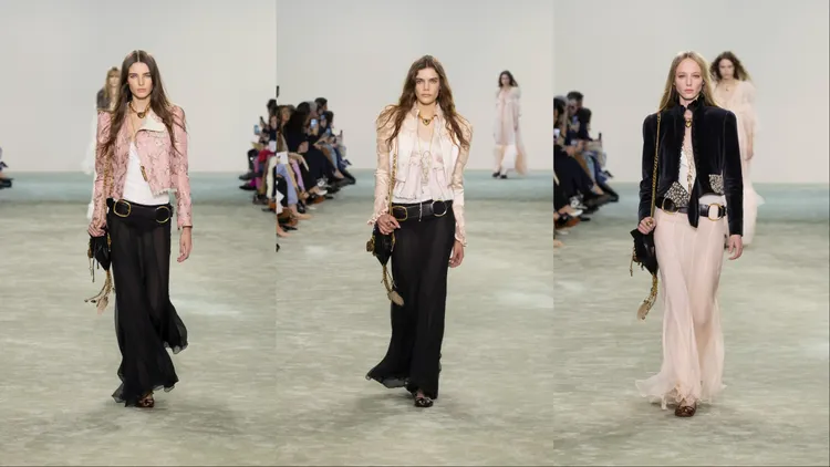 Chloé 2025秋冬系列將低腰設計搭配上金屬扣環點綴的寬大腰帶。品牌提供