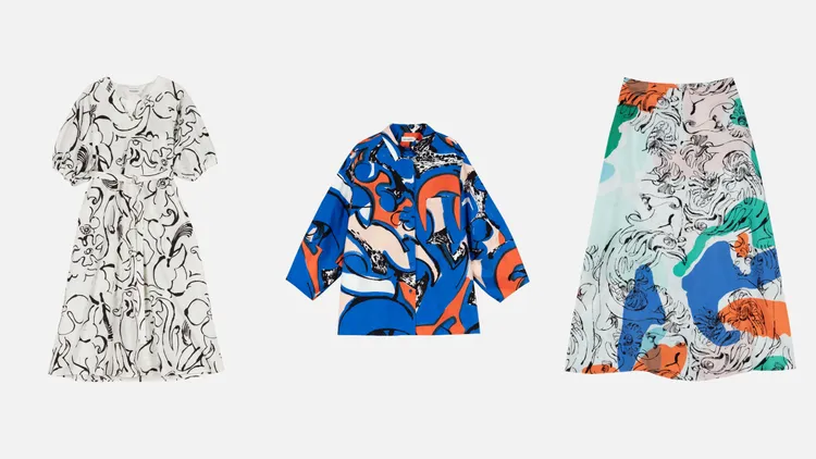 Marimekko藝術家聯名限定系列洋裝（左起）1萬5900元、印花襯衫1萬5900元、花卉長裙1萬1900元。品牌提供