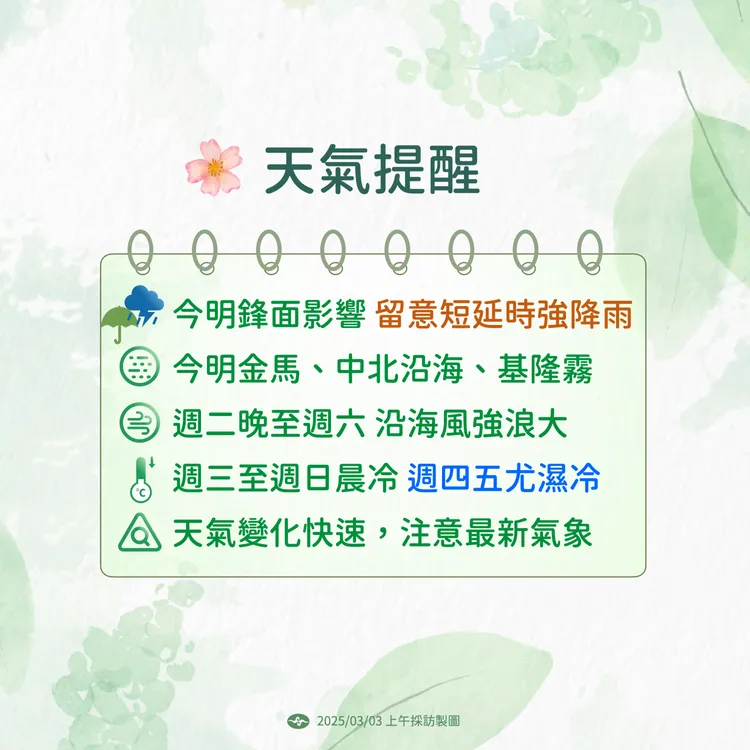 天氣提醒。中央氣象署提供
