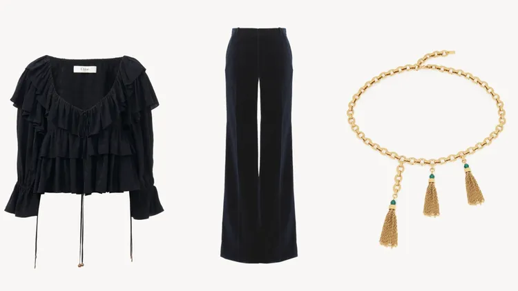 Chloé黑色花卉緹花上衣（左起）6萬7900元、柔軟天鵝絨長褲3萬8000元、Pompoms復古金流蘇水晶腰鍊4萬元。品牌提供