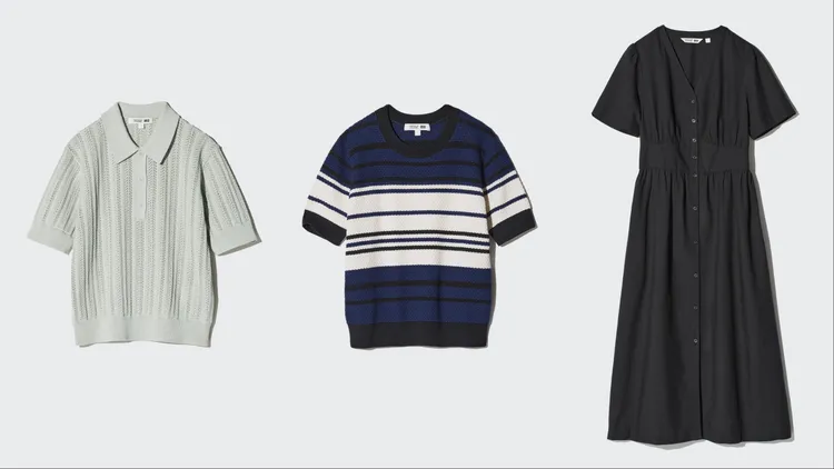 UNIQLO X「Comptoir des Cotonniers」棉質POLO針織衫（左起）790元、棉質條紋針織衫790元、棉亞麻混紡V領洋裝1490元。品牌提供