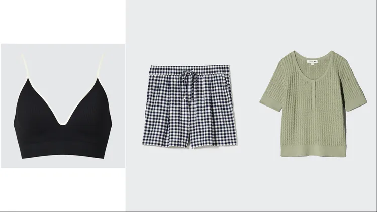 UNIQLO X「Princesse Tam Tam」無鋼圈美型胸罩（左起）790元、泡泡紗短褲590元、亨利領針織衫790元。品牌提供