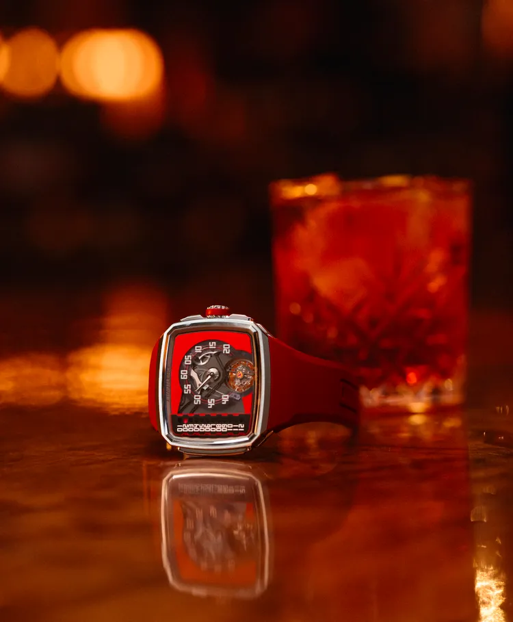 豪朗時LINER SERIES 3，43mm，緞面磨砂和拋光不鏽鋼錶殼，鏤空鍍銠黃銅錶盤，紅色橡膠錶帶，D50自動上鏈機械機芯，動力儲存72小時，防水深度100米，全球限量28只，228萬元。品牌堤提供