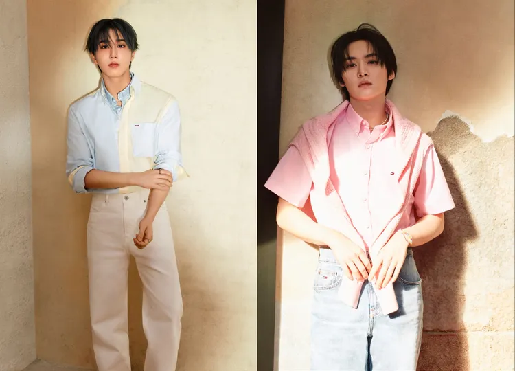 HAN（左）、Lee Know（右）拍攝TOMMY HILFIGER 2025春季形象片。品牌提供