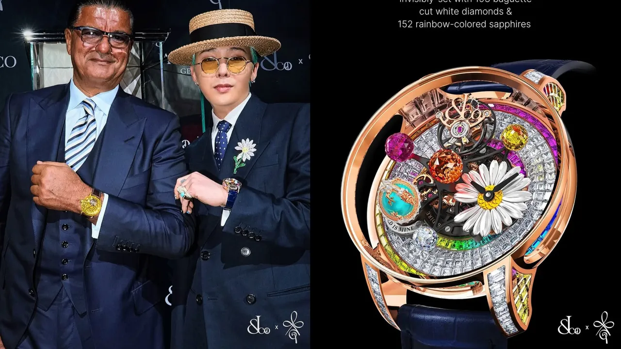 GD（左圖右）日前出席頂級腕錶與珠寶品牌Jacob & Co.首爾新店開幕活動，戴上品牌為他打造約3300萬元的獨家聯名錶。翻攝GD IG