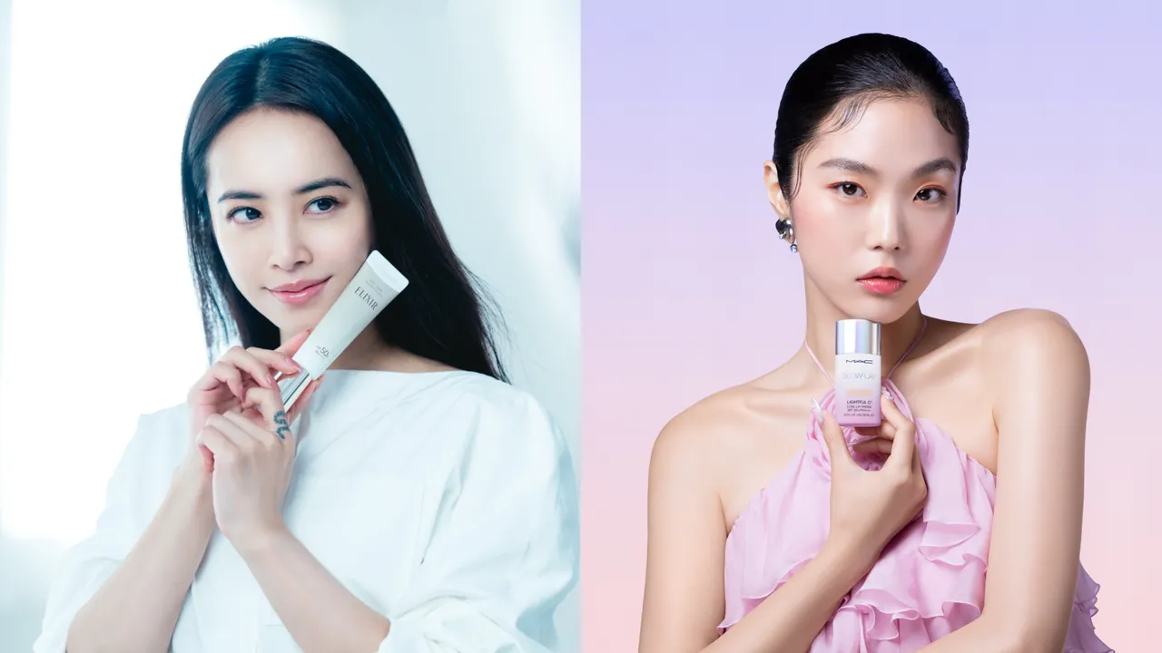 蔡依林（左圖）愛用ELIXIR全新升級「小金管」膠原彈潤多效美肌乳；M.A.C（右圖）也推出全新超漾光高防曬妝前乳。品牌提供