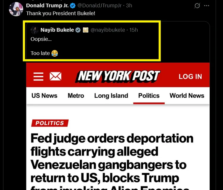 薩爾瓦多總統布格磊在社群平台說，「哎呀…太晚了」，還配上一個哭笑不得的表情符號（黃框）。翻攝X@Nayib Bukele