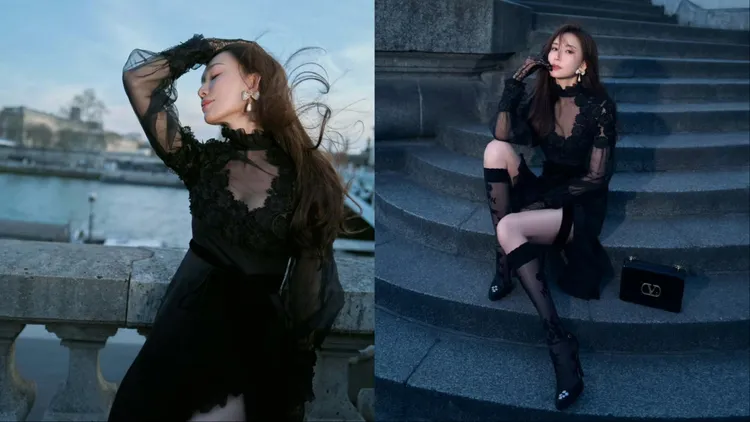 林志玲的黑色透膚洋裝造型吸睛程度不輸給蔡依林。翻攝林志玲工作室微博