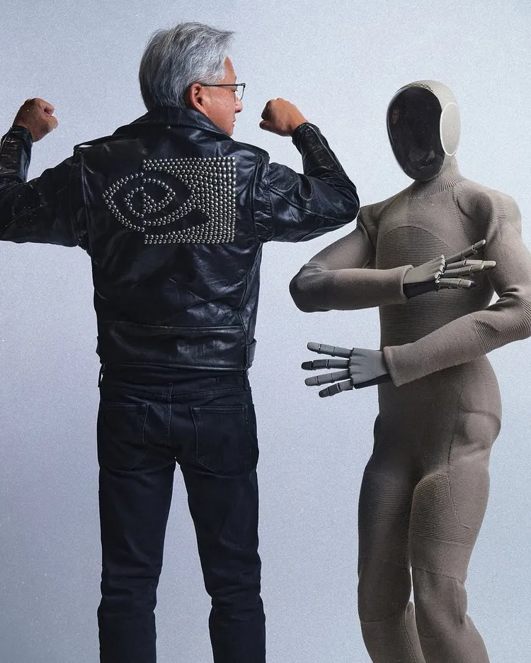 輝達執行長黃仁勳（左）穿上ERL為他打造的輝達皮外套。翻攝erl IG